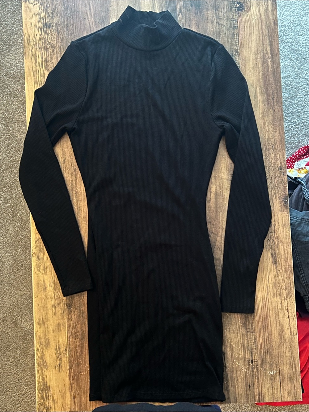 Black Ribbed Long Sleeve Turtleneck Bodycon Dress, M